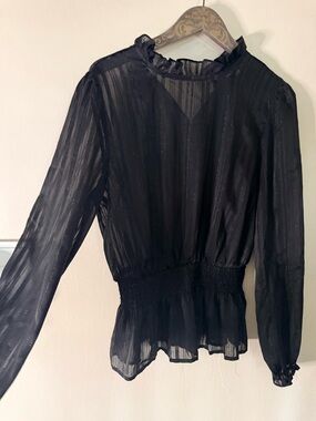 Black Sheer Ruffle-Neck Smocked Waist Blouse - Women's Top